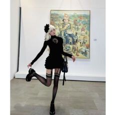 批发莫尔代棉】十字架镂空高领内搭长袖t恤女春夏秋季蓬蓬蛋糕裙整套