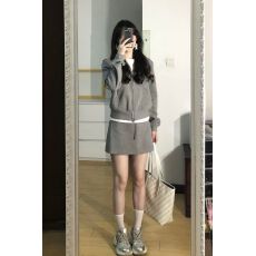 批发美式复古灰色<b class='q'>卫衣</b>连帽外套半裙两件套宽松显瘦休闲运动套装
