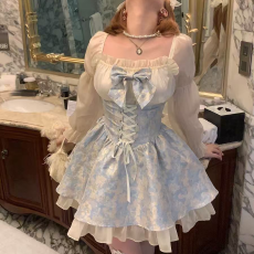 批发蓝闪蝶复古法式蝴蝶结公主<b class='q'>可爱</b>蓬蓬裙碎花<b class='q'>连衣裙</b>早秋