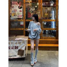 批发灰色休闲套装女秋季2025新款贴布字母宽松长袖卫衣高腰阔腿短裤子