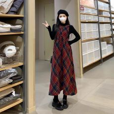 批发茶歇裙法式赫本风长裙小个子毛呢格纹背带<b class='q'>连衣裙</b>两件套秋冬季