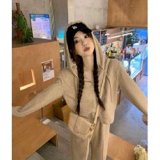 批发小个子休闲显高套<b class='q'>装</b><b class='q'>女</b>秋冬连帽短款长袖卫衣外套阔腿裤<b class='q'>三件</b>套