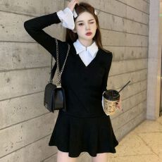 批发<b class='q'>春秋</b>季新款辣妹黑色长袖假两件<b class='q'>连衣裙</b>女收腰显瘦设计感a字短裙子