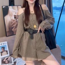 批发2025<b class='q'>春秋</b>新款气质露肩格子衬衫宽松显瘦长袖<b class='q'>连衣裙</b>早秋A版裙