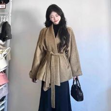 批发原版质量新款韩版中长款小个子羊毛大衣女浴袍款系带收腰毛呢外套