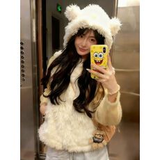 批发<b class='q'>可爱</b>小熊耳朵马甲连帽双面毛外套女2025秋季新款羊羔毛绒坎肩背心