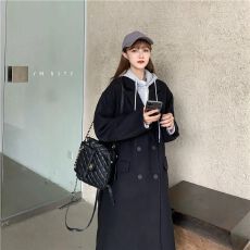 批发假两件毛呢外套2025冬季韩版宽松<b class='q'>中长款</b>拼接连帽加厚呢子大衣女装