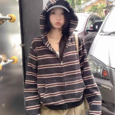 批发慵懒风复古条纹连帽卫衣女秋冬设计感宽松开衫<b class='q'>外套</b>高级感休闲上衣