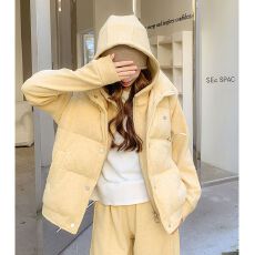 批发原版彩棉面料原版做工盐甜系奶黄色宽松马甲背心无袖马夹外套女冬