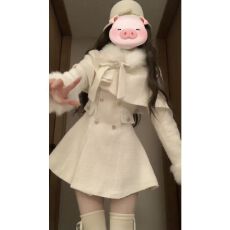 批发富家千金白色小香风套装女春秋季蝴蝶结收腰斗篷夹棉连衣裙两件套