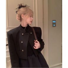 批发千金小黑裙+立领短外套女早春2025新款气质短款开衫双排扣上衣