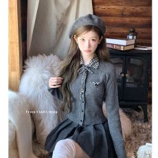 批发秋冬新款mar格纹翻领针织开衫百搭上衣拼接格纹百褶裙短裙女冬