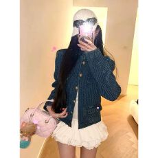 批发老钱风穿搭法式小香风蓝色<b class='q'>牛仔</b><b class='q'>外套女</b>2025秋季新款小个子短款上衣