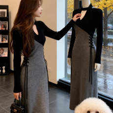 批发高级感拼接连衣裙女2025秋冬季新款收腰显瘦绑带轻熟风气质长裙子