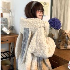 批发秋冬季可爱兔耳朵加绒外套女百搭新款秋冬毛茸茸洋气加厚上衣潮