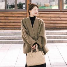 批发原版质量新款韩版中长款小个子羊毛大衣女浴袍款系带收腰毛呢外套