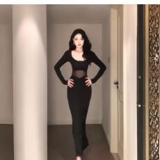 批发法式气质方领长袖黑色连衣裙女秋季新款收腰显瘦包臀长裙