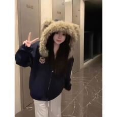 批发【华棉复合银狐绒】韩系慵懒藏青色拉链开衫冬季新款设计感<b class='q'>小熊</b>