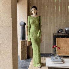 批发法式小资多巴胺掐腰长裙海边度假气质喇叭袖圆领绿色印花<b class='q'>连衣裙</b>女