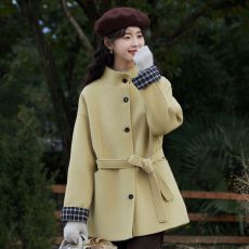 批发韩系拼接格纹毛呢大衣女2025冬季新款系带收腰<b class='q'>中长款</b>呢子外套