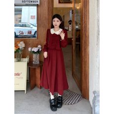 批发法式甜美娃娃领假两件红色<b class='q'>长裙女</b>秋冬大码显瘦复古优雅礼服连衣裙