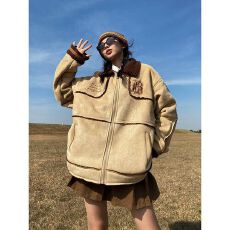 批发美式复古撞色刺绣麂皮绒棉服冬季防寒保暖情侣羊羔毛棉衣外套