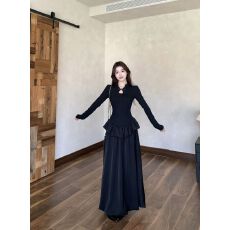 批发黑色新中式旗袍长袖连衣裙女早秋季高级感气质收腰生日<b class='q'>礼服</b><b class='q'>长裙</b>子