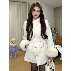 批发秋冬新款<b class='q'>大</b>衣羊毛短款女气质显瘦收腰外套百搭休闲设计师加棉加厚