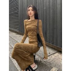 批发<b class='q'>复古</b>风轻奢名媛气质不规则领长袖连衣裙女秋季收腰显瘦包臀长裙子