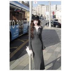 批发法式<b class='q'>复古</b>翻领长袖针织打底衫连衣裙女2025新款秋冬天配大衣的裙子