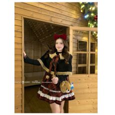 批发秋冬收腰显瘦学院风甜美圣诞假两件格纹<b class='q'>连衣裙</b>+披肩斗篷套装女