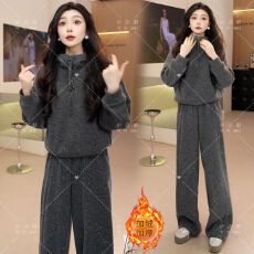 批发韩系连帽<b class='q'>卫衣</b>宽松长裤加绒两件套女2025冬季新款纯色显瘦时尚套装