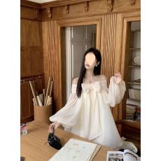 批发法式蝴蝶结一字肩泡泡袖雪纺皱<b class='q'>连衣裙</b>甜美露肩宽松飘逸<b class='q'>仙女</b>短裙女