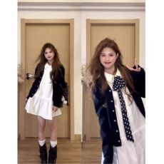 批发学院风<b class='q'>拼接</b>针织开衫2025新款千金风套装女白色<b class='q'>连衣裙</b>两件套