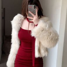 批发甜辣妹红色U领飘带长袖<b class='q'>连衣裙</b>子女<b class='q'>春秋</b>冬季褶皱收腰显瘦包臀短裙