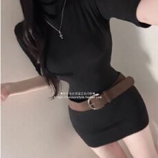 批发热销 韩国***<b class='q'>正品</b>PO137气质 高级感复古宽腰带紧身包臀<b class='q'>连衣裙</b>