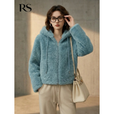 批发双面长毛绒】秋冬款女装韩系慵懒风小个子加厚连帽毛毛上衣蓝色
