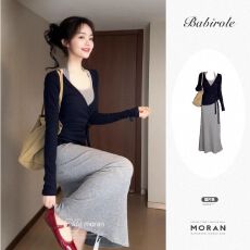 批发法式灰色挂脖吊带连衣<b class='q'>裙子</b>女2025新款早秋穿搭一整套气质包臀长裙