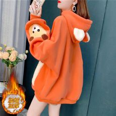 批发设计感韩版连帽<b class='q'>小熊</b>加绒<b class='q'>卫衣</b>秋冬宽松慵懒风减龄外套潮