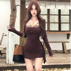 批发性感辣妹豹纹<b class='q'>假两件</b><b class='q'>连衣裙</b>女秋长袖打底裙不规则高级感秋冬包臀裙