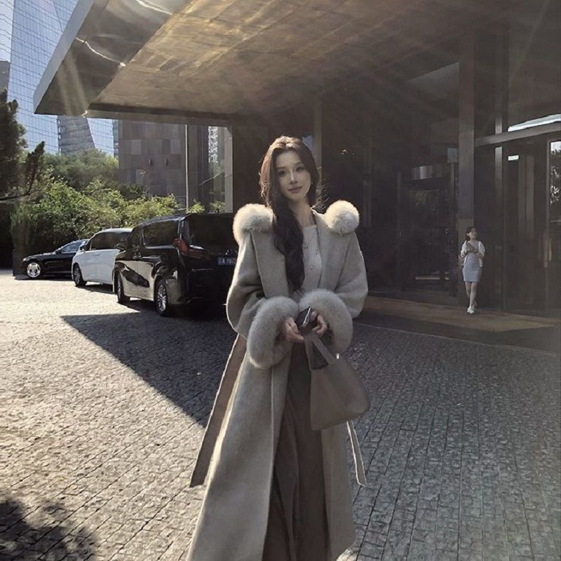 폭스 머리 소매 레이스업 중간 길이 양면 양모 코트 두꺼운 미니멀리즘 품격 양모 울 코트 벨트