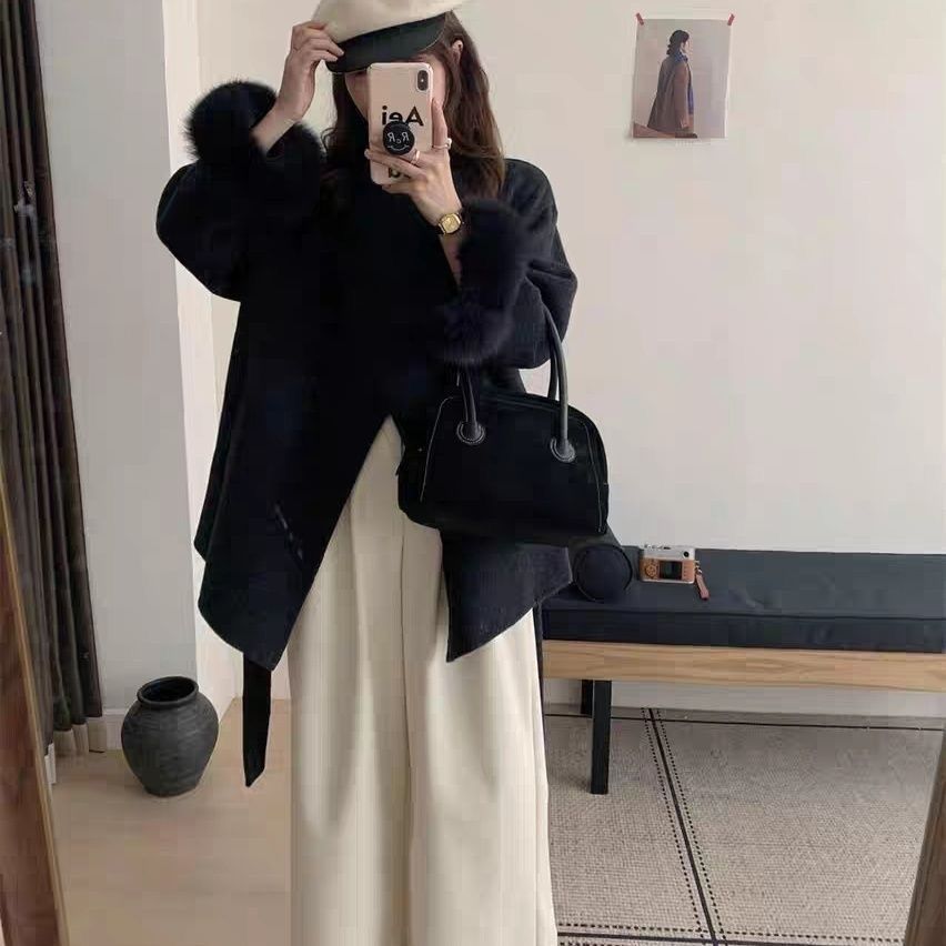 폭스 머리 소매 레이스업 중간 길이 양면 양모 코트 두꺼운 미니멀리즘 품격 양모 울 코트 벨트