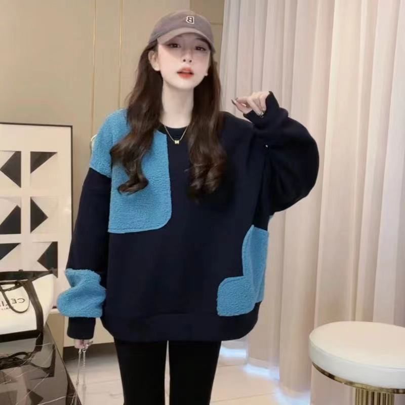 가을 겨울 소녀 한국 스타일 아메리칸 작은 대중 루즈핏 다용도 슬림해 보이는 패치워크 배색 풀오버 털이 있는 후드티