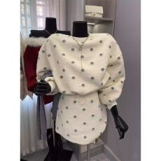 韩系俏皮波点羊羔毛套装女圆领抽绳保暖卫衣+显瘦包臀短裙短裙潮