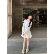 批发韩系白色小翻领长袖连衣裙女春装新款设计感系带显瘦收腰A字短裙