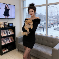 批发春秋冬女装辣妹名媛性感黑色一连衣裙一字肩毛绒小妈包臀短裙礼服