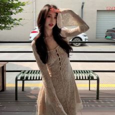 批发法式镂空长袖连衣裙子女秋冬季2026新爆款小个子掐腰气质蕾丝短裙