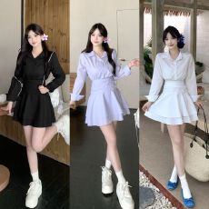 批发休闲显瘦纯色长袖连衣裙女春秋新款V领法式裙个子裙收腰雪纺裙