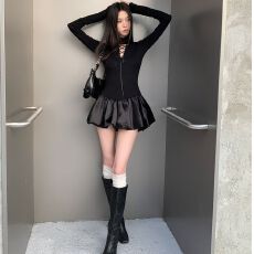 批发辣妹气质短裙女装2026新款连衣裙收腰蓬蓬花苞裙子性感镂空小黑裙