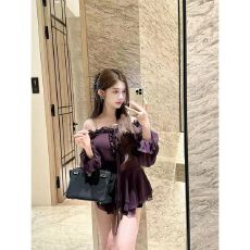 批发【 珍珠雪纺+拉链】紫色法式带衬衫短裙收腰气质御姐连衣裙长袖